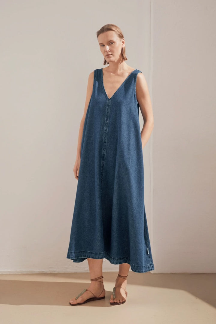 DENIM V-Neck Midi Dress eau